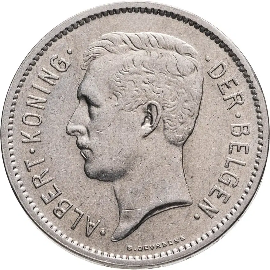 Бельгия 5 франков (francs) 1930  Надпись на голландском - 'ALBERT KONING DER BELGEN'
