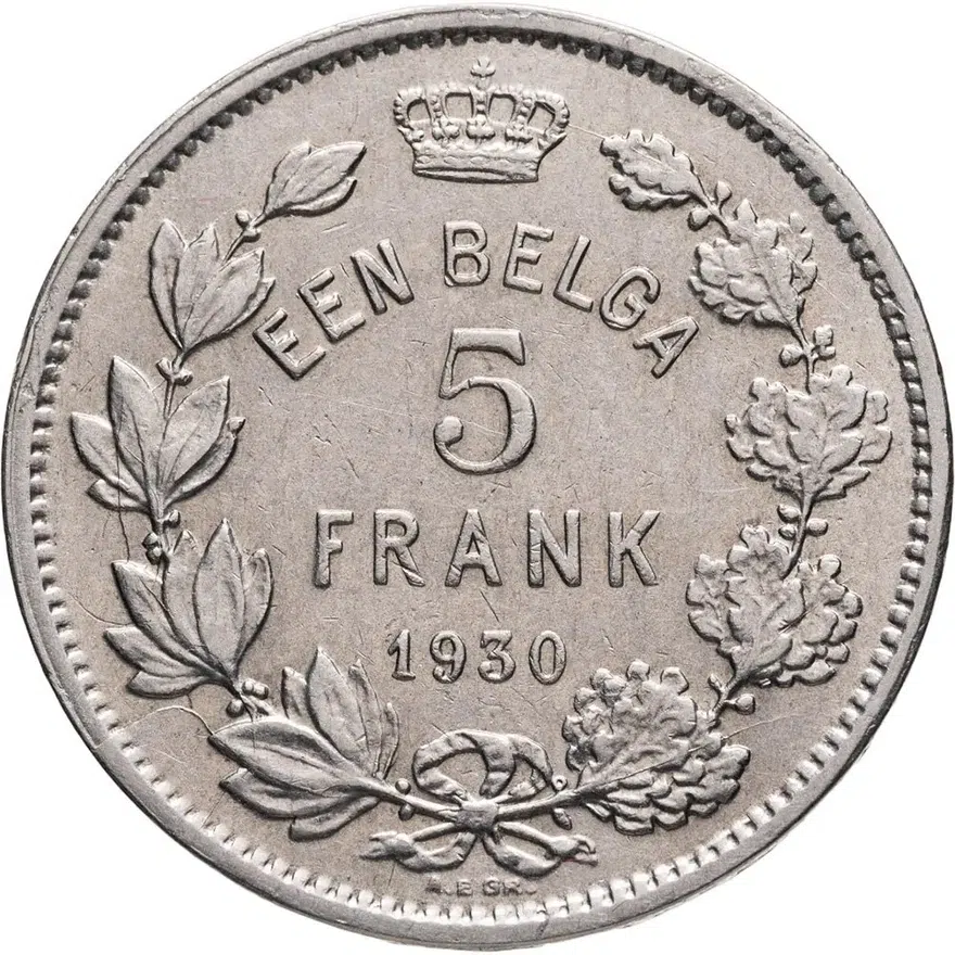Бельгия 5 франков (francs) 1930  Надпись на голландском - 'ALBERT KONING DER BELGEN', реверс