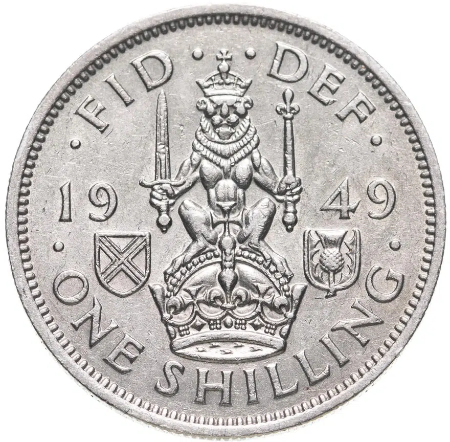 Великобритания 1 шиллинг (shilling) 1949  Шотландский шиллинг - лев, сидящий на короне, реверс