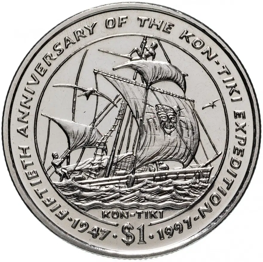 Либерия 1 доллар (dollar) 1997  50 лет экспедиции Кон-Тики, реверс