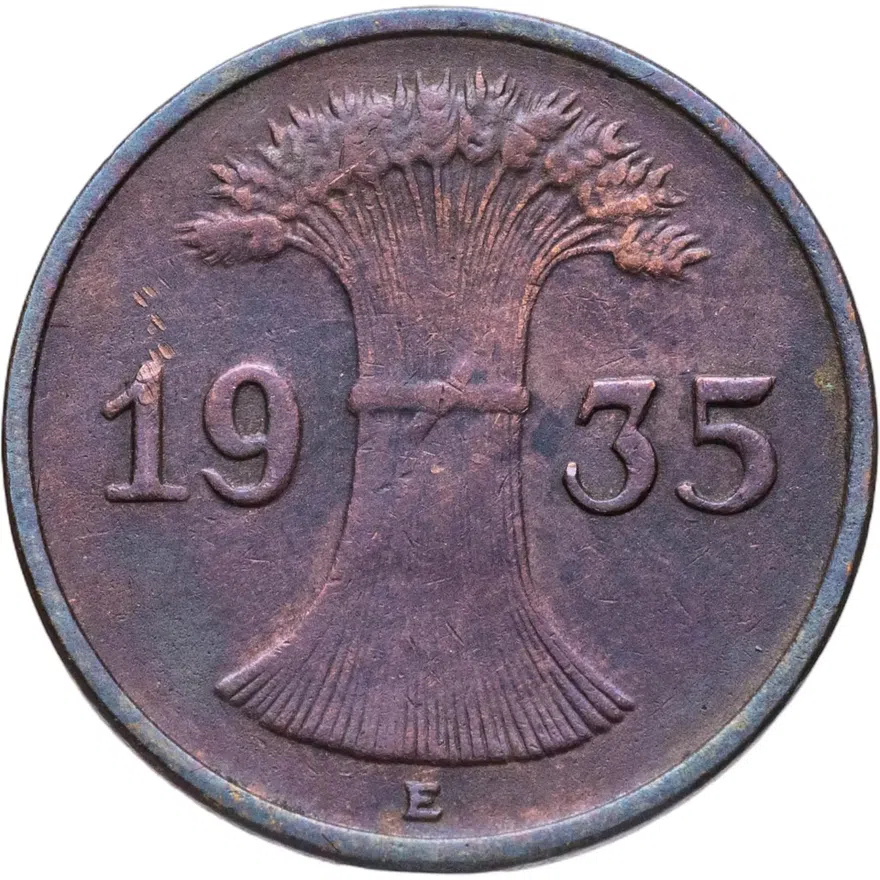 Германия 1 рейхспфенниг (reichspfennig) 1935 E  знак монетного двора "E" — Мульденхюттен, реверс