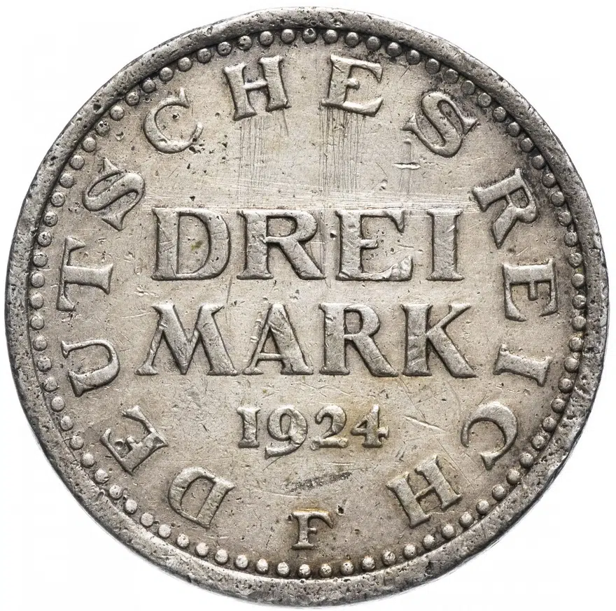 Германия 3 марки (mark) 1924 F   знак монетного двора "F" — Штутгарт
