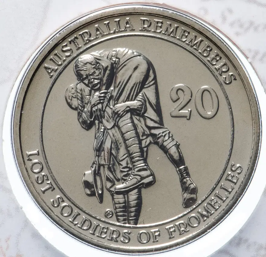 Австралия 20 центов (cents) 2010  Павшие бойцы в битве при Фромеле, в конверте с марками