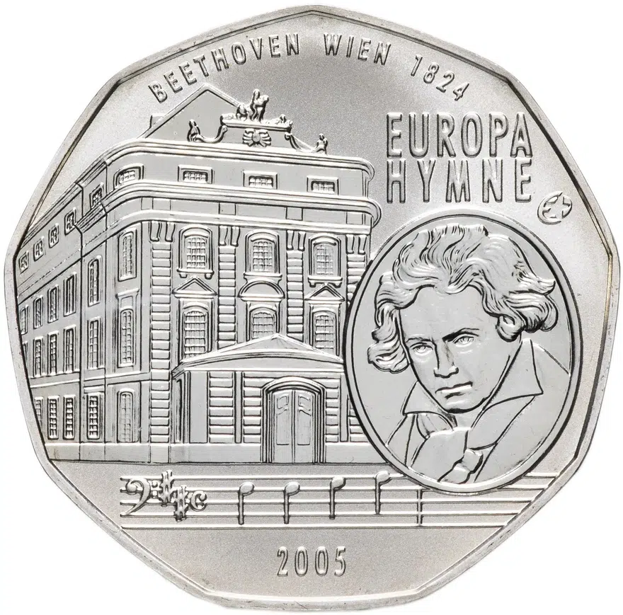 Австрия 5 евро 2005 "10 лет членству Австрии в ЕС, гимн ЕС", аверс