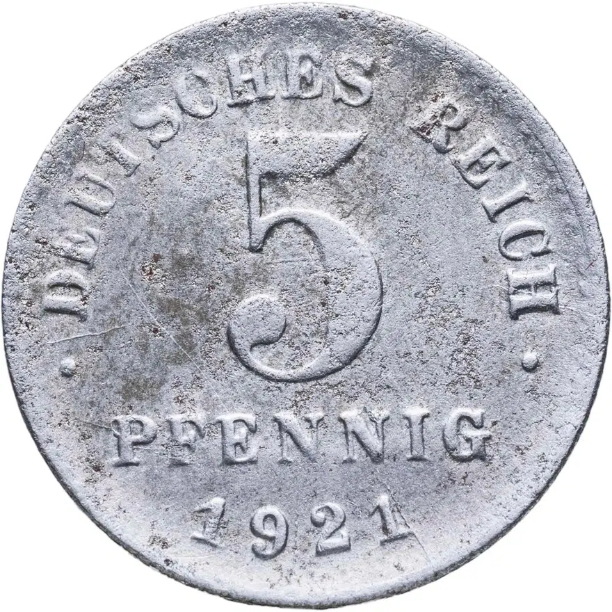 Германия 5 пфеннигов (pfennig) 1921 D  знак монетного двора: "D" - Мюнхен, аверс