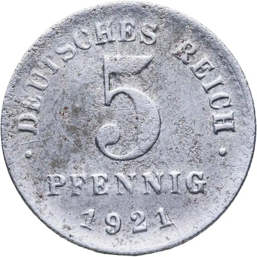 Германия 5 пфеннигов (pfennig) 1921 D  знак монетного двора: "D" - Мюнхен, реверс