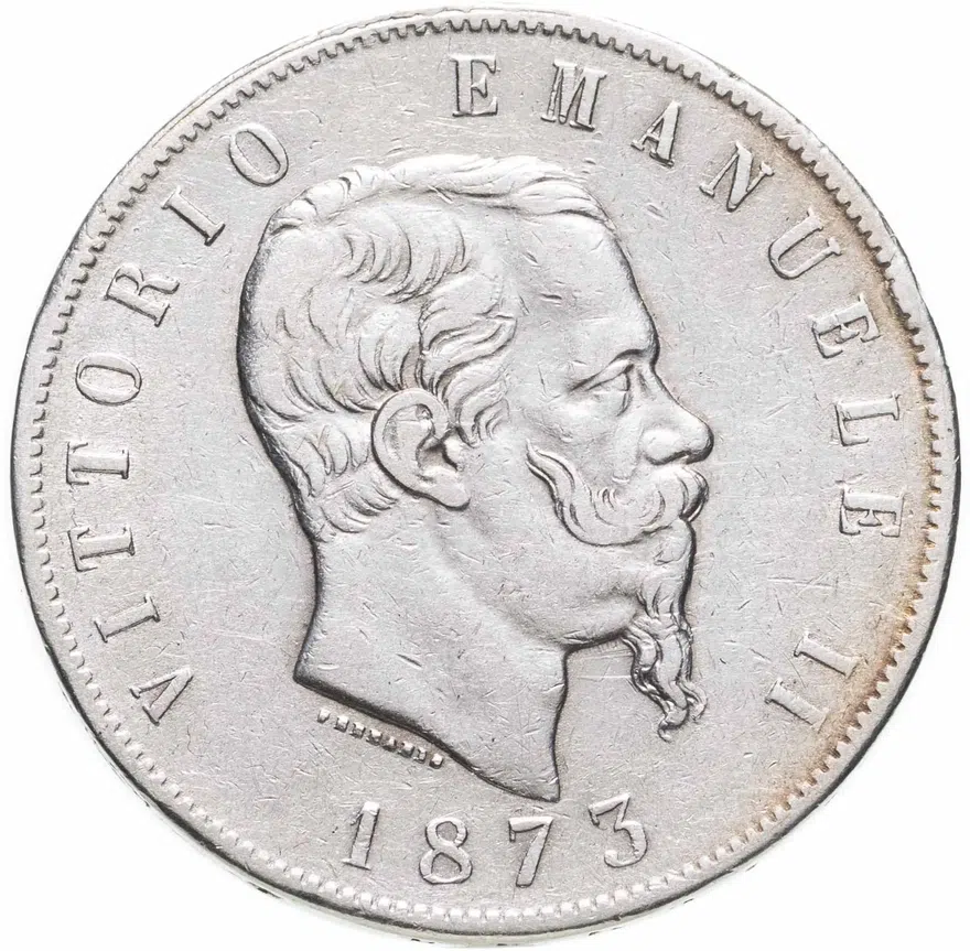 Италия 5 лир (lire) 1873 M  знак монетного двора: "M" - Милан