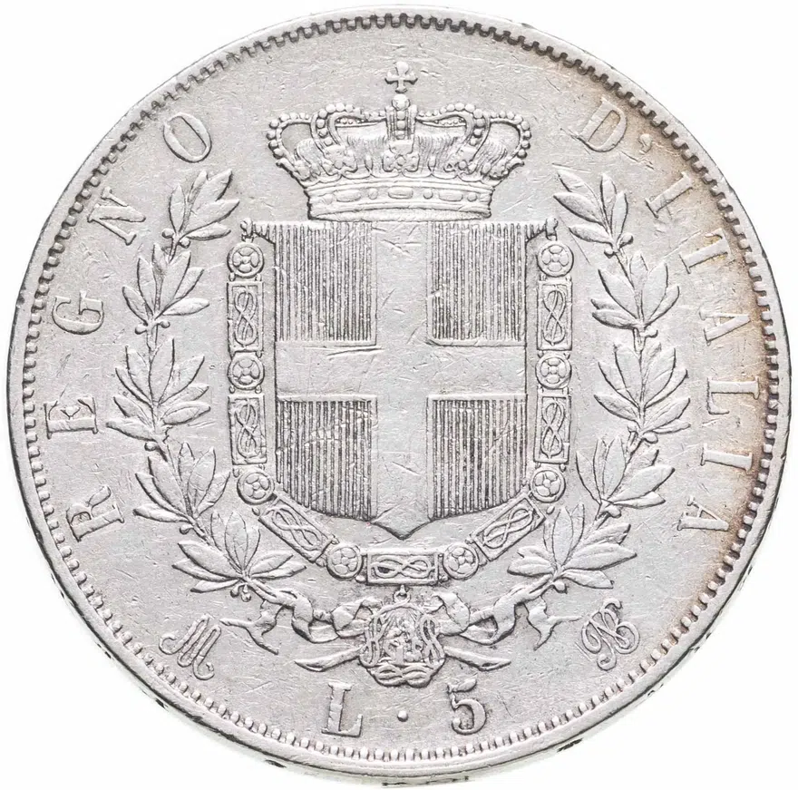 Италия 5 лир (lire) 1873 M  знак монетного двора: "M" - Милан, реверс