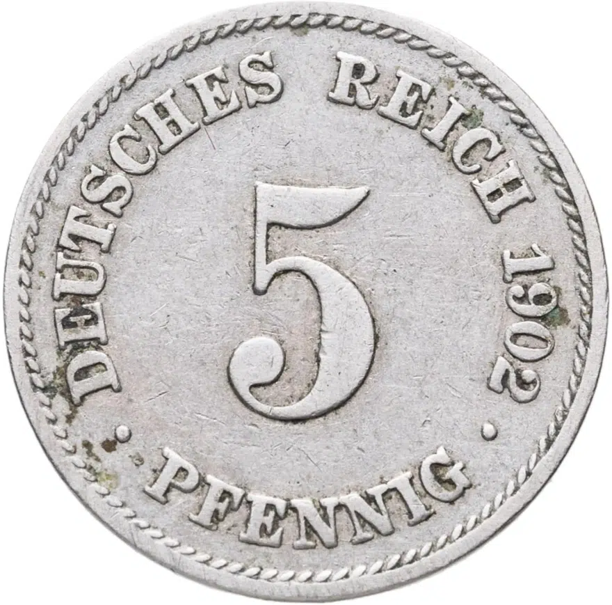 Германия 5 пфеннигов (pfennig) 1902 F  знак монетного двора: "F" - Штутгарт, аверс