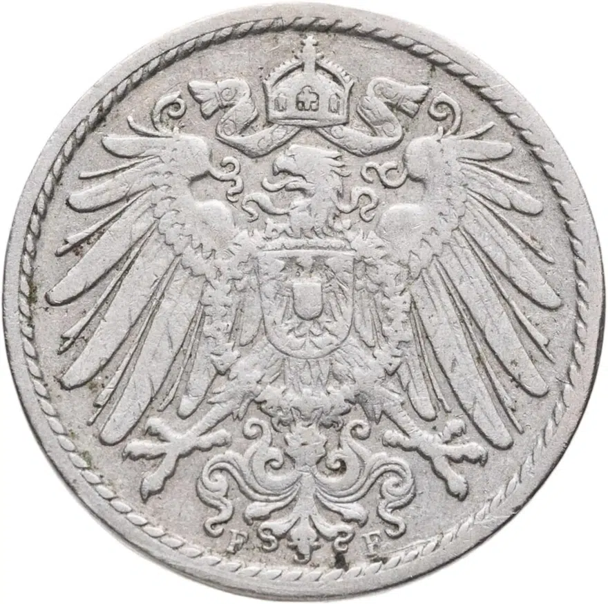 Германия 5 пфеннигов (pfennig) 1902 F  знак монетного двора: "F" - Штутгарт, реверс