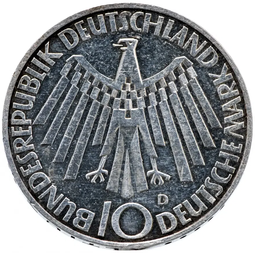 ФРГ (Германия) 10 марок 1972 D "Олимпиада в Мюнхене -Эмблема In München", реверс