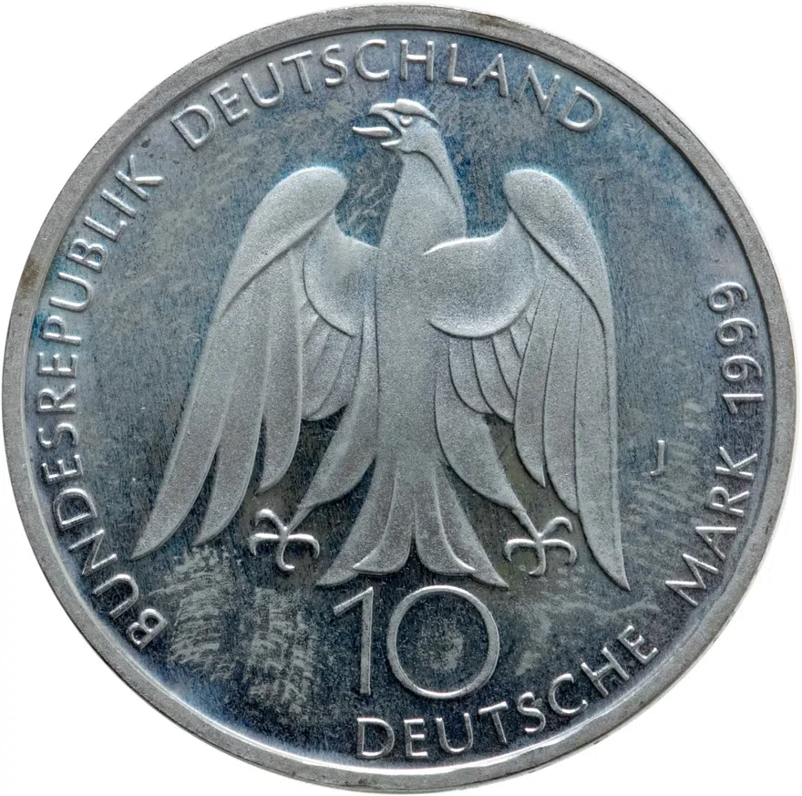 Германия 10 марок (mark) 1999 J 250 лет со дня рождения Иоганна Вольфганга фон Гете знак монетного двора: "J" - Гамбург, реверс