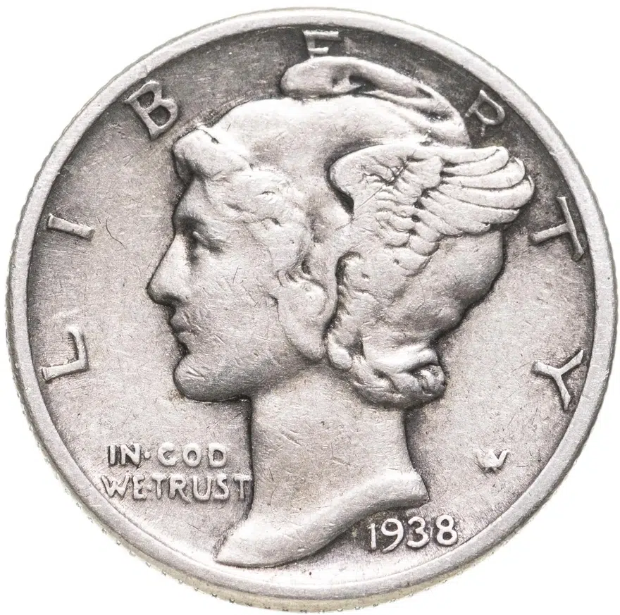 США 10 центов (дайм, one dime) 1938  Mercury Dime Без отметки монетного двора