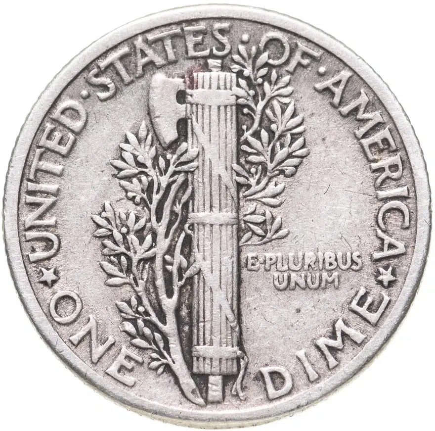 США 10 центов (дайм, one dime) 1938  Mercury Dime Без отметки монетного двора, реверс