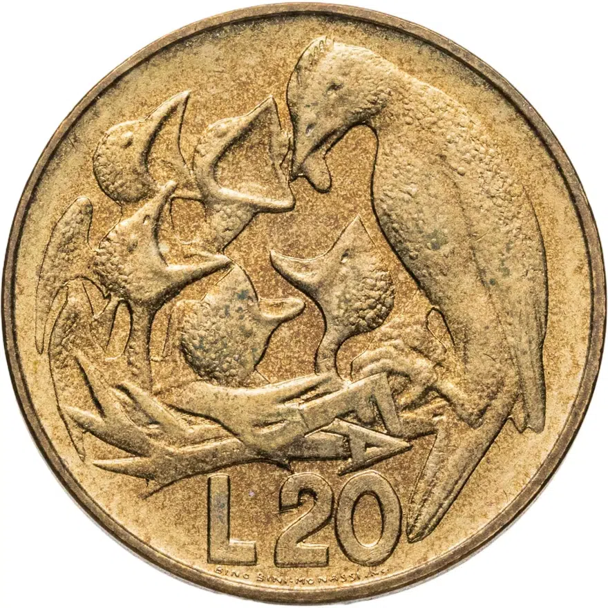 Сан-Марино 20 лир (lire) 1975  Любовь у животных, аверс