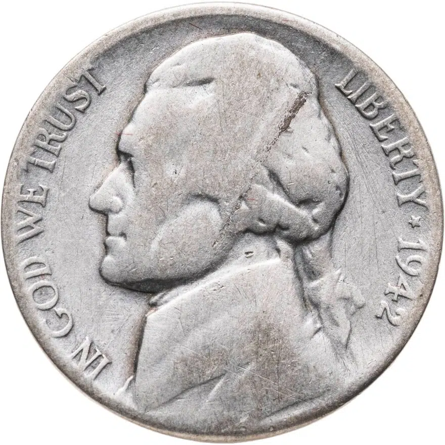 США 5 центов (cents) 1942 S Jefferson Nickel (Джефферсон) военного времени, серебро, знак монетного двора "S" - Сан-Франциско, аверс