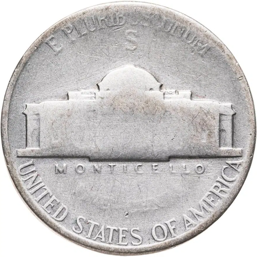 США 5 центов (cents) 1942 S Jefferson Nickel (Джефферсон) военного времени, серебро, знак монетного двора "S" - Сан-Франциско, реверс