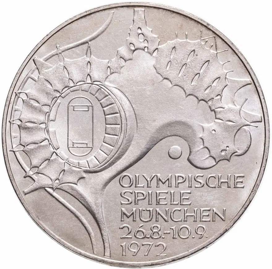 Германия 10 марок (mark) 1972 J XX летние Олимпийские Игры, Мюнхен 1972 - Стадион знак монетного двора: "J" - Гамбург