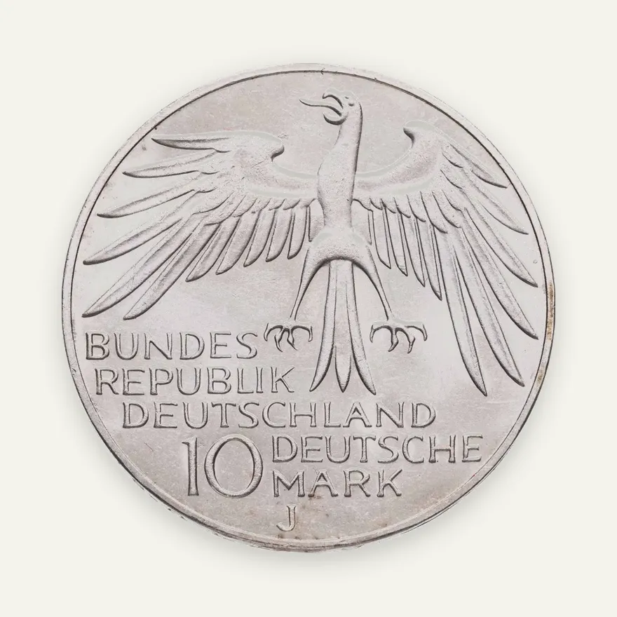 Германия 10 марок (mark) 1972 J XX летние Олимпийские Игры, Мюнхен 1972 - Стадион знак монетного двора: "J" - Гамбург, реверс