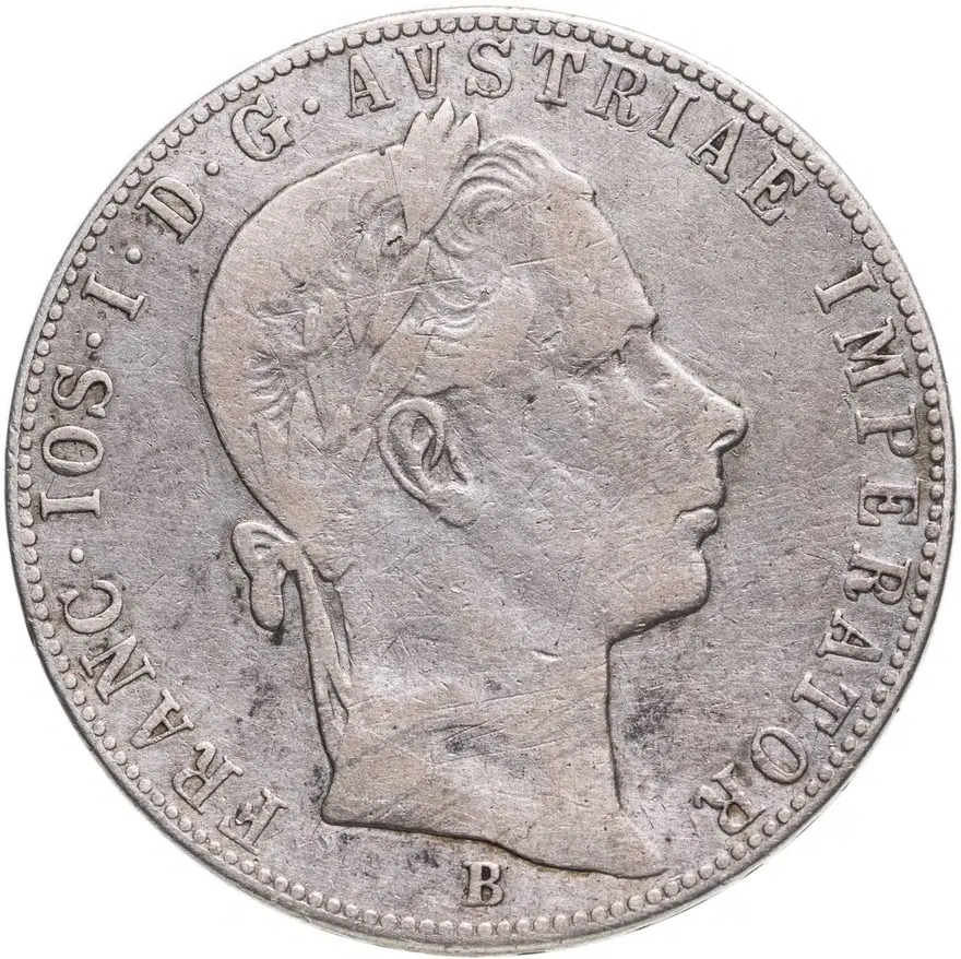 Австрия 1 флорин (florin) 1858 B знак монетного двора "B" - Кремница, аверс