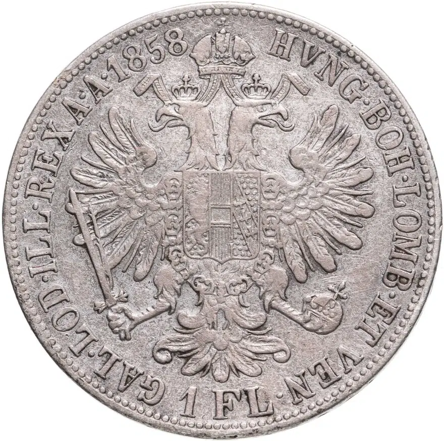 Австрия 1 флорин (florin) 1858 B знак монетного двора "B" - Кремница, реверс