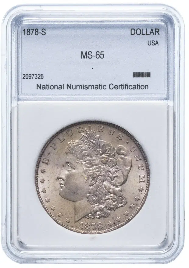 США 1 доллар (dollar) 1878 S "Доллар Моргана" в слабе NNC MS65, аверс
