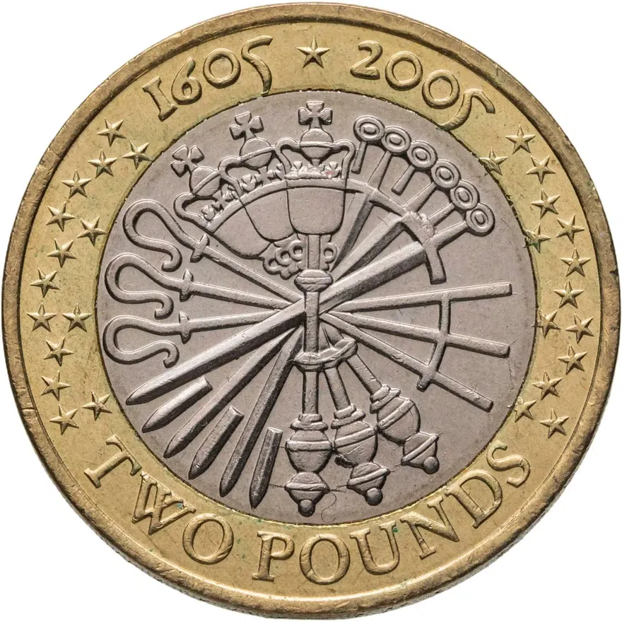 Великобритания 2 фунта (pounds) 2005 "400 лет "Пороховому заговору", аверс