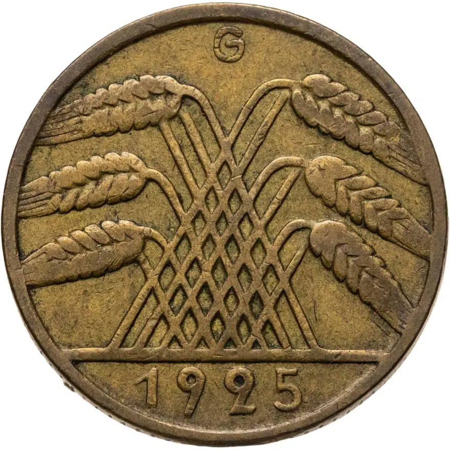 Германия 10 рейхспфеннигов (reichspfennig) 1925 G  знак монетного двора "G" — Карлсруэ