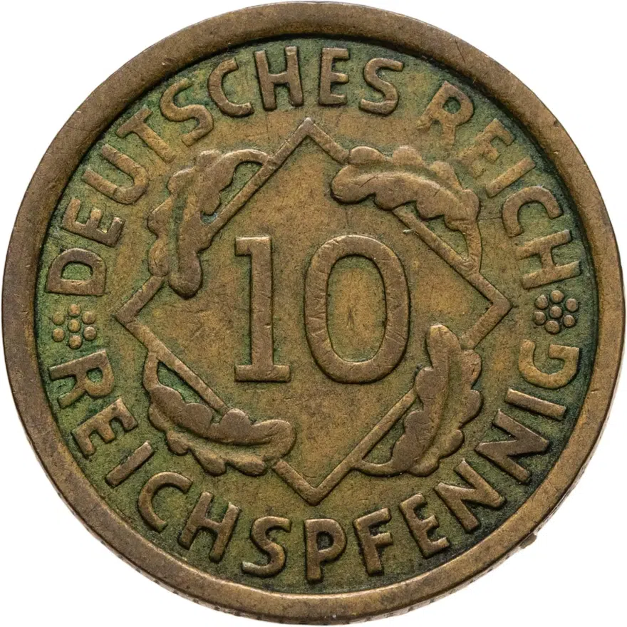 Германия 10 рейхспфеннигов (reichspfennig) 1925 G  знак монетного двора "G" — Карлсруэ, реверс