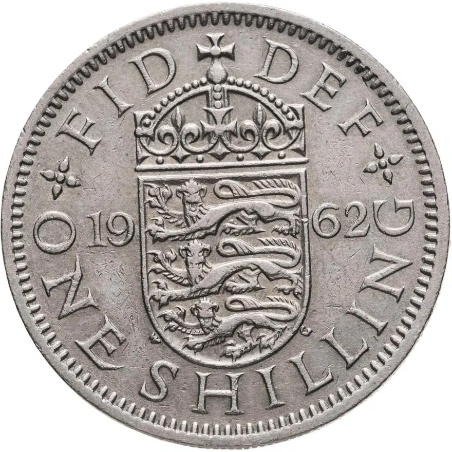 Великобритания 1 шиллинг (shilling) 1962 Английский герб - 3 льва внутри коронованного щита, аверс