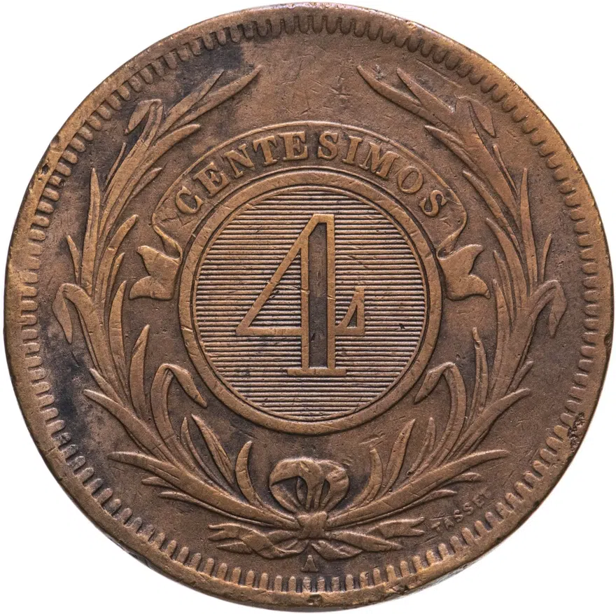 Уругвай 4 сентесимо (centesimos) 1869 A  знак монетного двора: "A" - Париж
