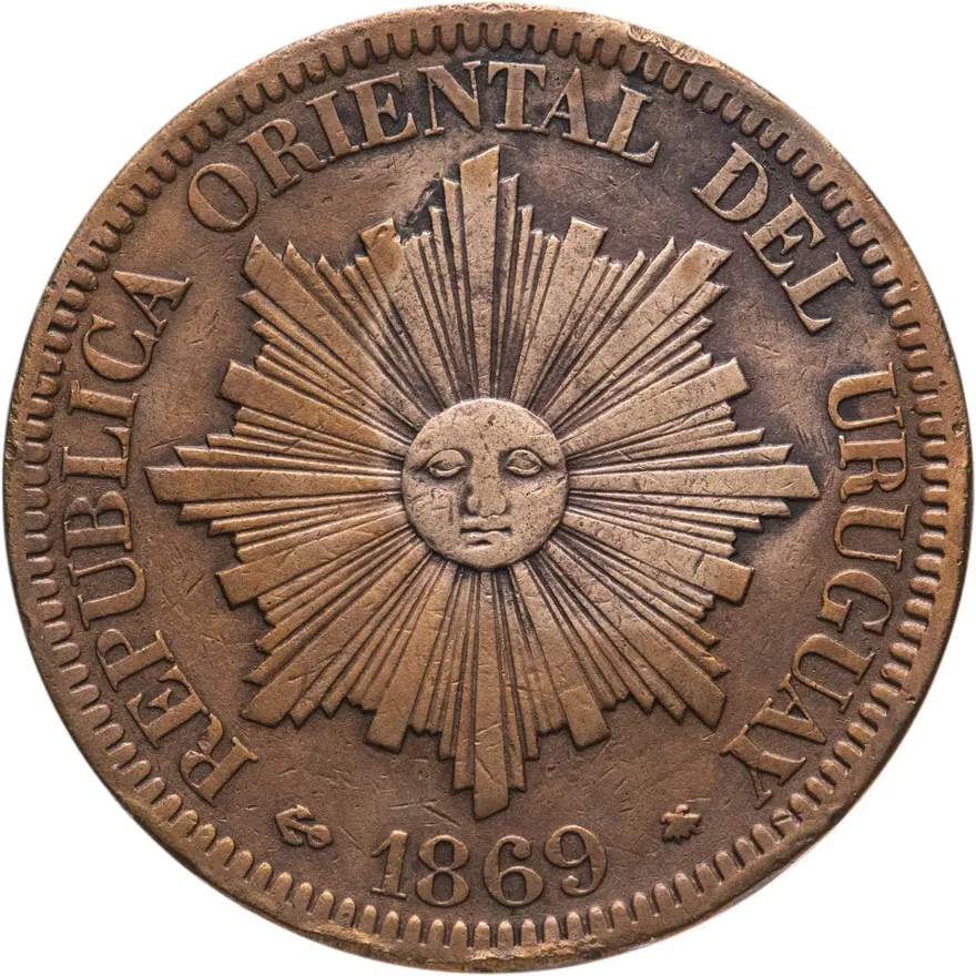 Уругвай 4 сентесимо (centesimos) 1869 A  знак монетного двора: "A" - Париж, реверс