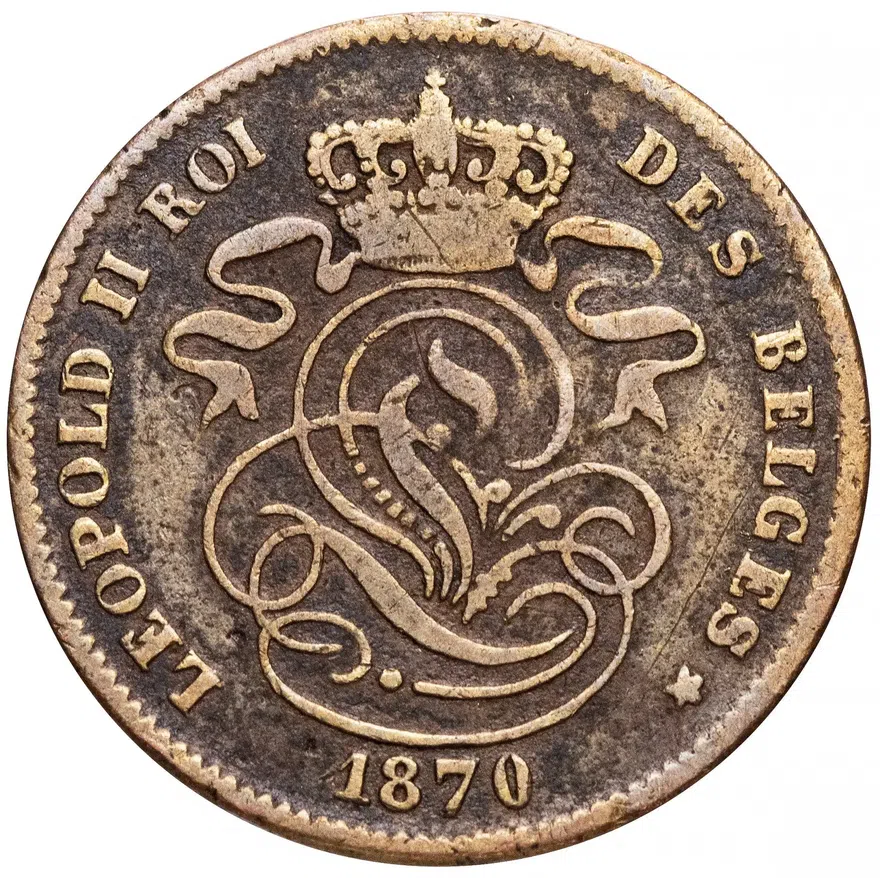 Бельгия 2 сантима (centimes) 1870   Надпись на французском - 'DES BELGES'