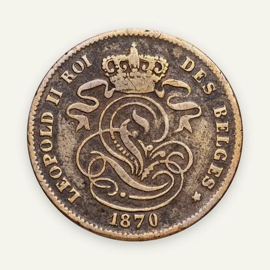 Бельгия 2 сантима (centimes) 1870   Надпись на французском - 'DES BELGES', реверс
