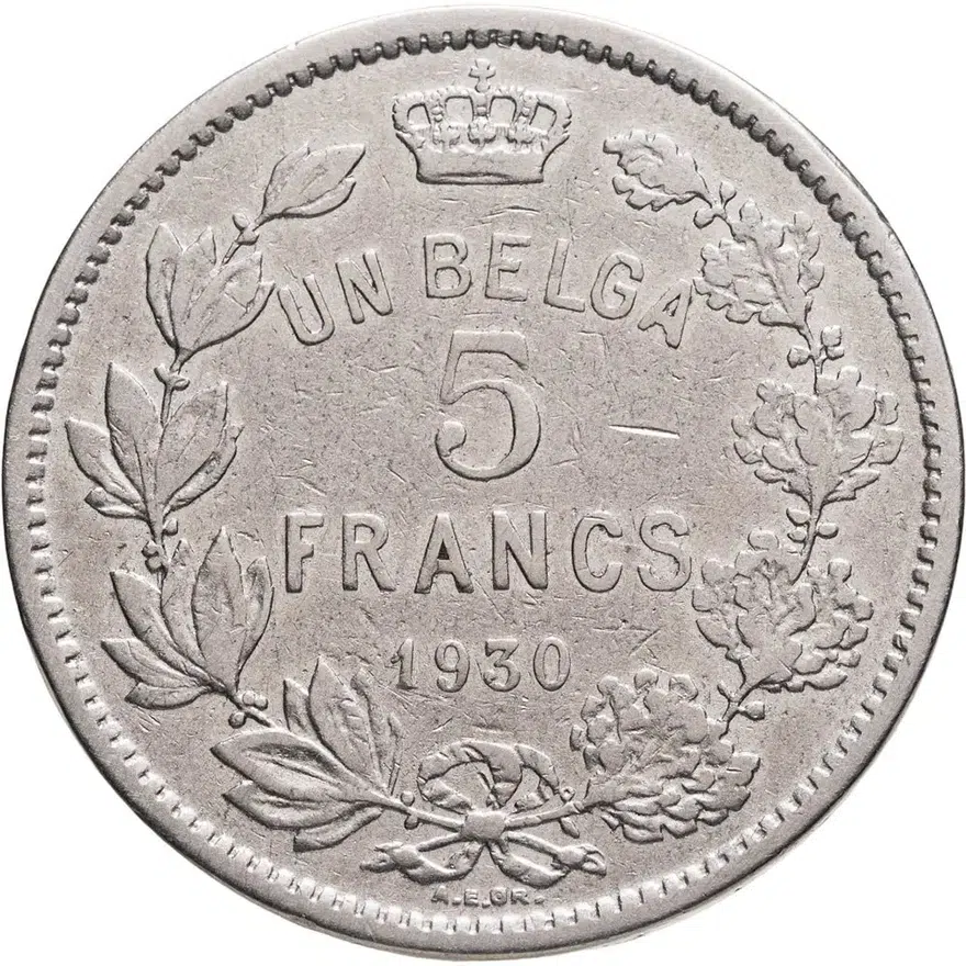 Бельгия 5 франков (francs) 1930  Надпись на французском - 'ALBERT ROI DES BELGES' Монетное отношение аверс/реверс (180°)