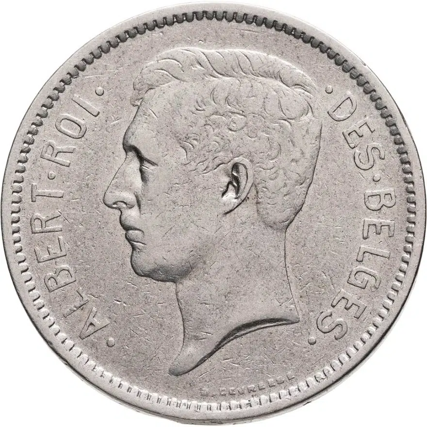 Бельгия 5 франков (francs) 1930  Надпись на французском - 'ALBERT ROI DES BELGES' Монетное отношение аверс/реверс (180°), реверс