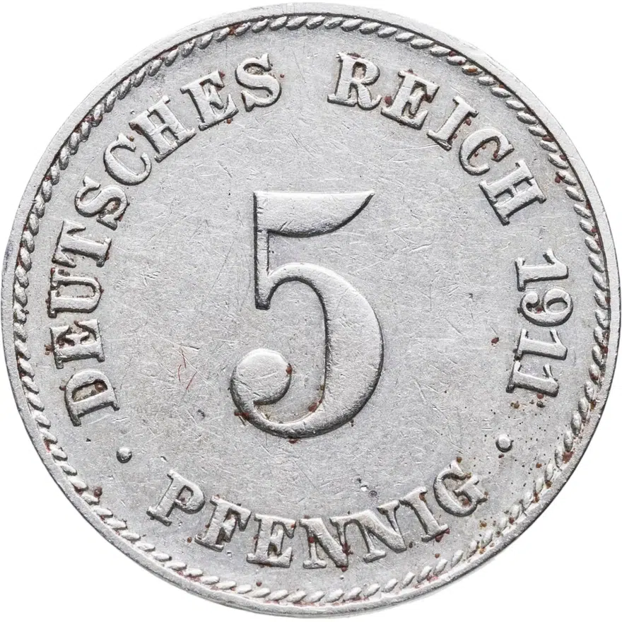 Германия 5 пфеннигов (pfennig) 1911 J  знак монетного двора: "J" - Гамбург, аверс