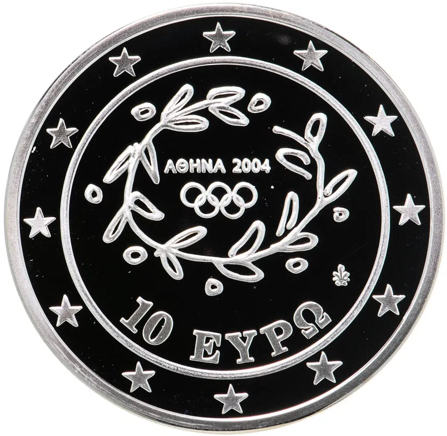 Греция 10 евро 2004 "XXVIII летние Олимпийские Игры, Афины 2004 - метание диска" с сертификатом, реверс