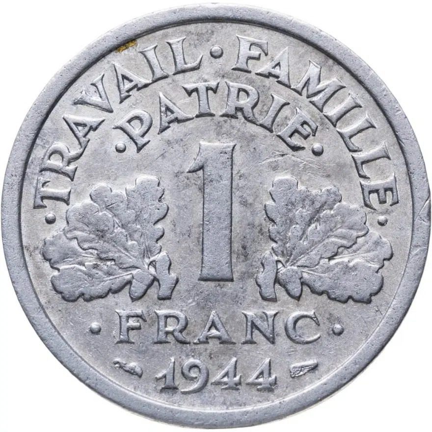 Франция 1 франк (franc) 1944 C ÉTAT FRANÇAIS знак монетного двора: "C" - Кастельсарразен, реверс
