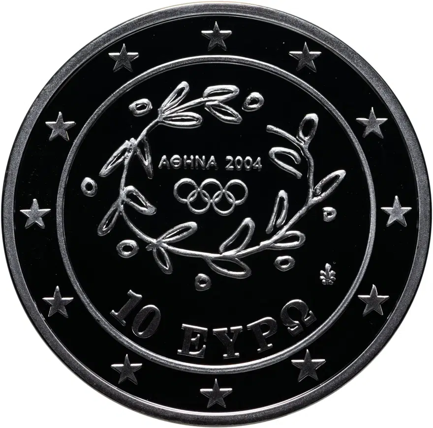 Греция 10 евро 2004 "XXVIII летние Олимпийские Игры, Афины 2004 - метание копья" с сертификатом, реверс
