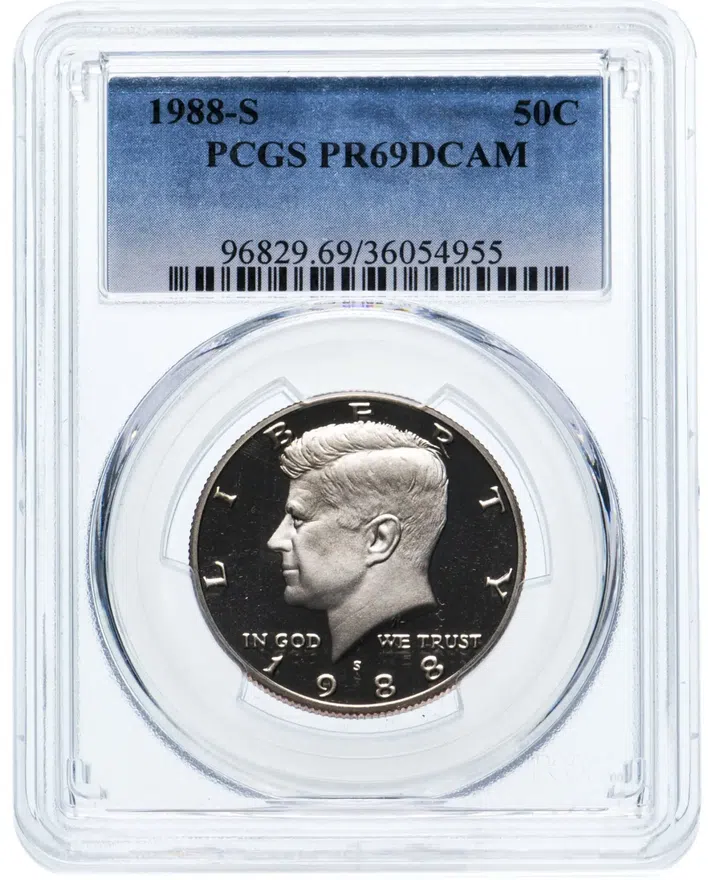 США 50 центов (1/2 доллара, half dollar) 1988 S Proof Kennedy Half Dollar (Кеннеди) в слабе PCGS PR69DCAM, аверс