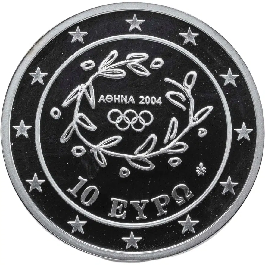 Греция 10 евро 2004 "XXVIII летние Олимпийские Игры, Афины 2004 - прыжки в длину" с сертификатом, реверс