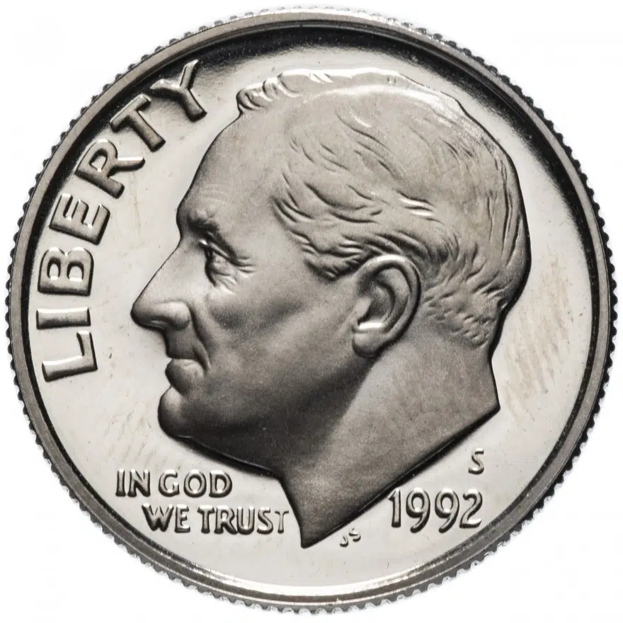США 10 центов (дайм, one dime) 1992 S Roosevelt Dime (Рузвельт) знак монетного двора "S", аверс