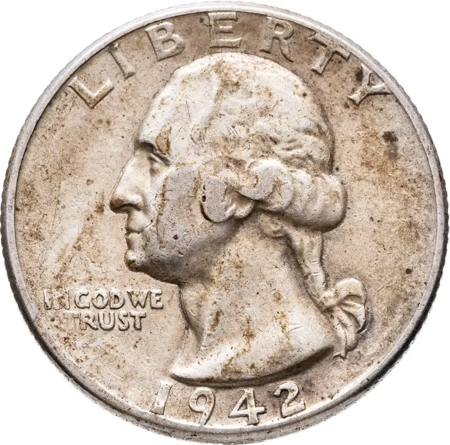 США 25 центов (квотер, 1/4 доллара, quarter dollar) 1942  Washington Quarter Без отметки монетного двора, аверс