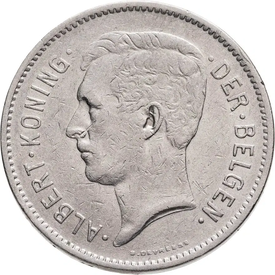 Бельгия 5 франков (francs) 1932   надпись на голландском - "ALBERT KONING DER BELGEN"