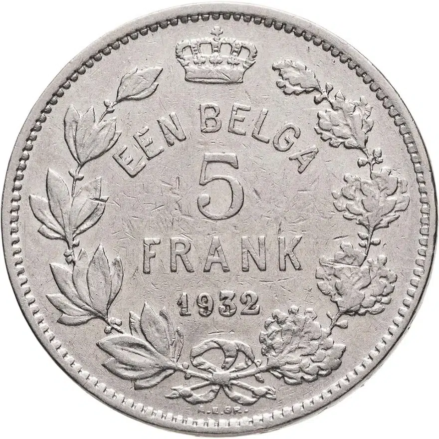 Бельгия 5 франков (francs) 1932   надпись на голландском - "ALBERT KONING DER BELGEN", реверс