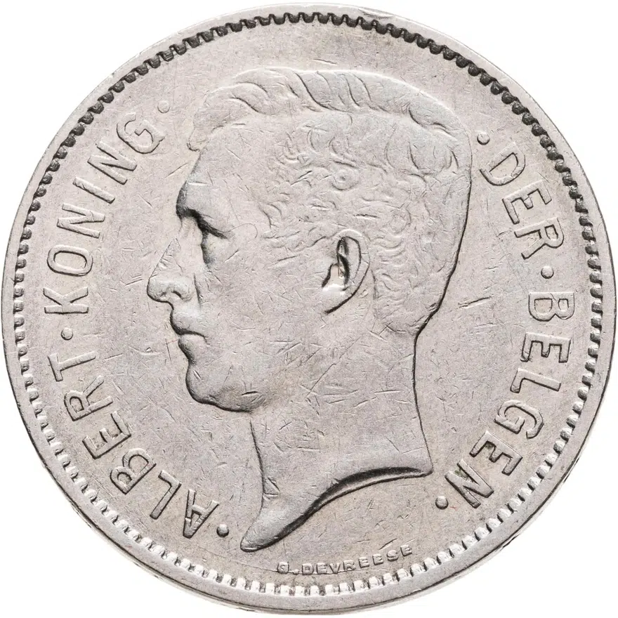 Бельгия 5 франков (francs) 1933   надпись на голландском - "ALBERT KONING DER BELGEN"
