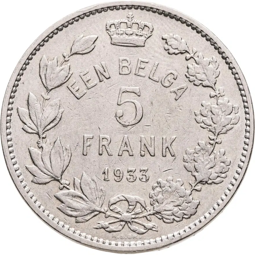 Бельгия 5 франков (francs) 1933   надпись на голландском - "ALBERT KONING DER BELGEN", реверс