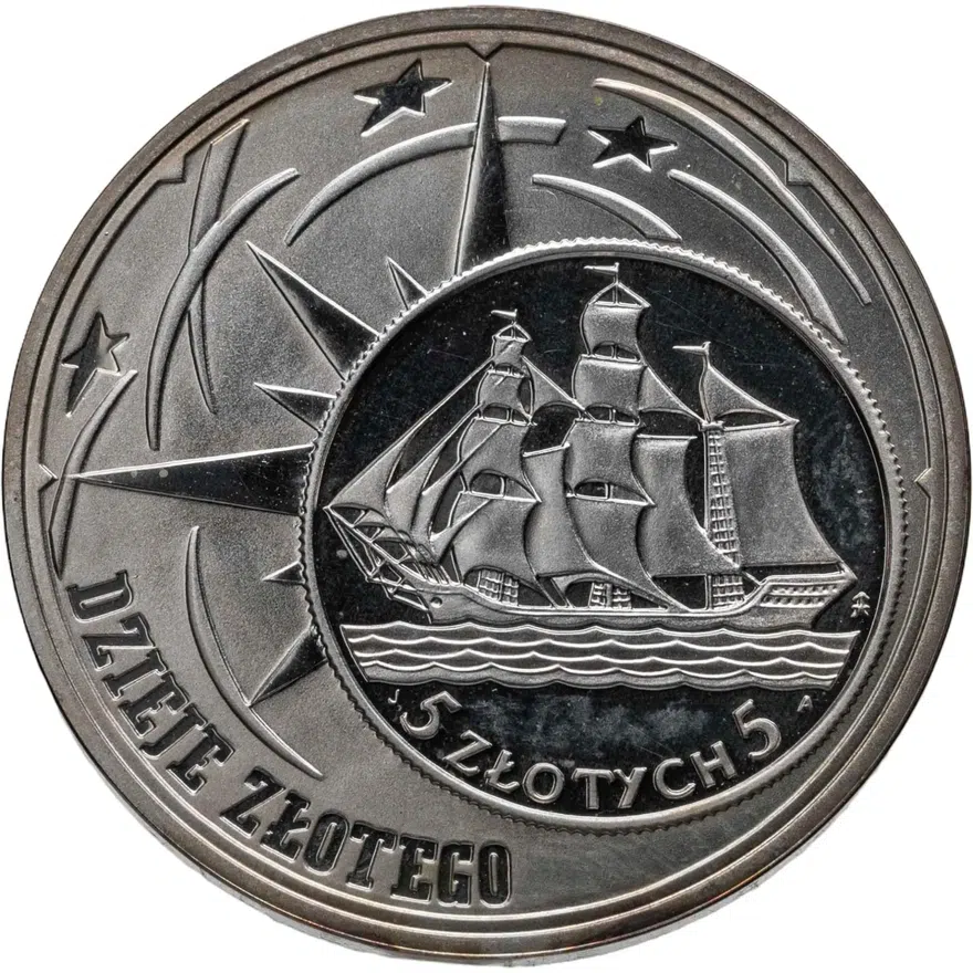 Польша 10 злотых (zlotych) 2005 Proof "История польского злотого - парусное судно на 2 и 5 злотых 1936 года", аверс