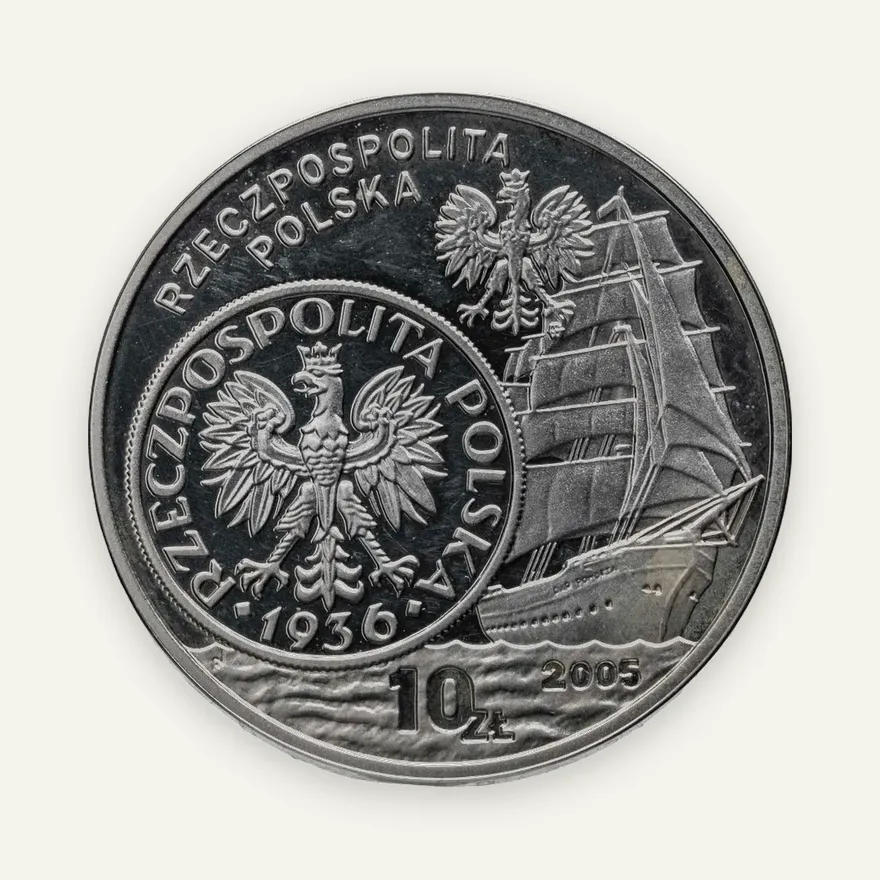 Польша 10 злотых (zlotych) 2005 Proof "История польского злотого - парусное судно на 2 и 5 злотых 1936 года", реверс
